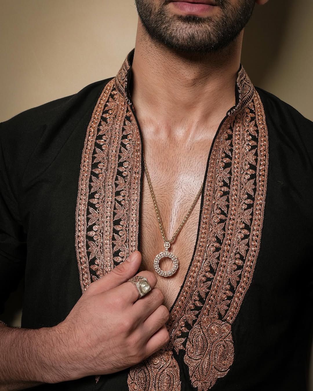 Designer Black Kurta Pajama with Premium Embroidery Close Up Detail