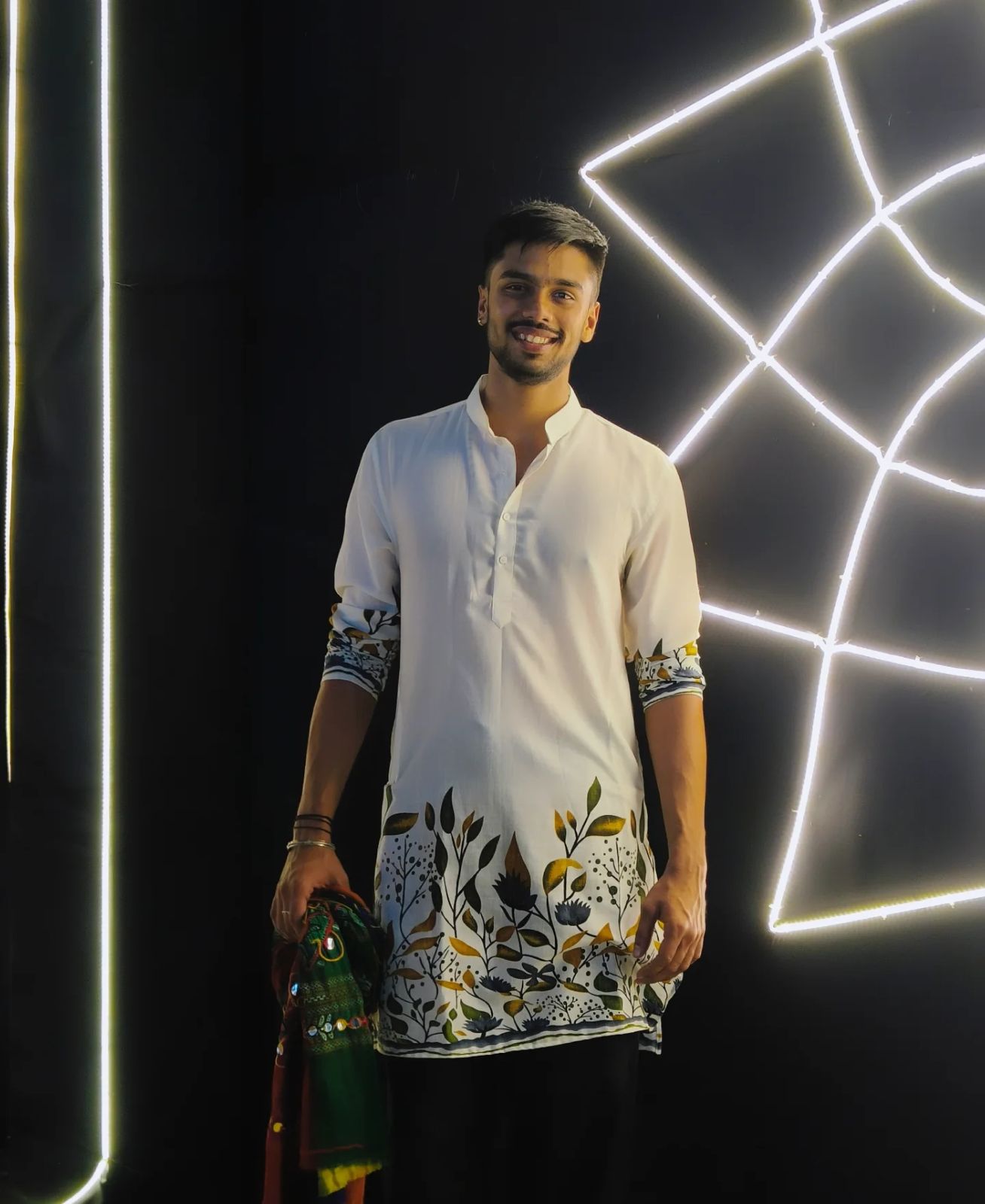 WHITE LEAF PRINTED KURTA WITH BLACK PAJAMA