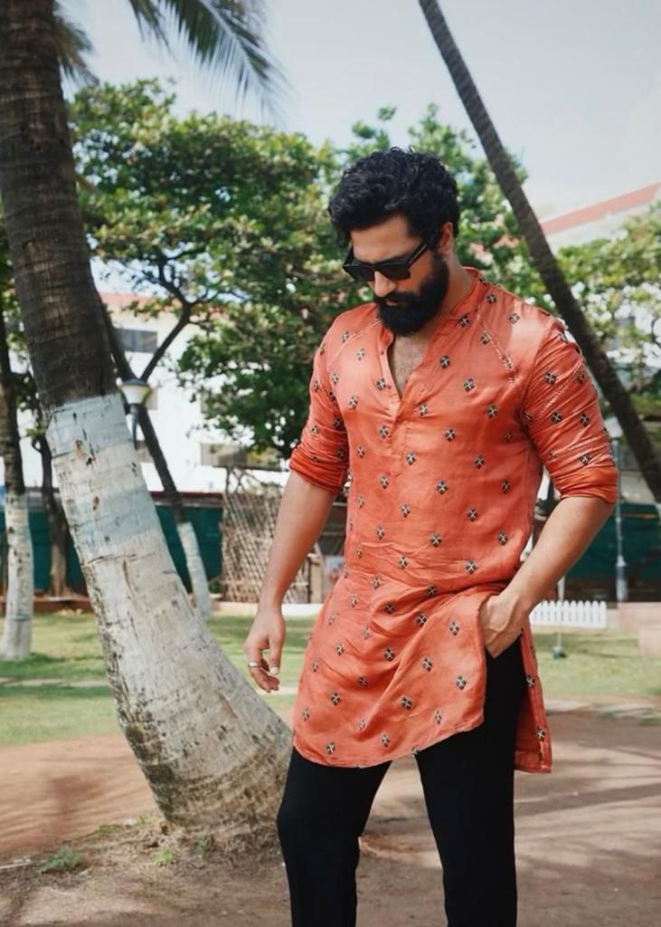 WK Orange Embroidered Work Men's Kurta with Black Pajama