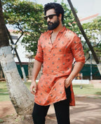 WK Orange Embroidered Work Men's Kurta with Black Pajama