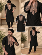 BLACK V NECK EMBROIDERD KURTA PAJAMA SET