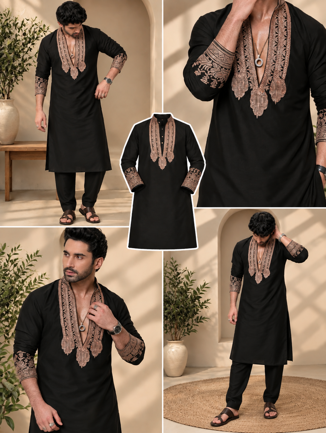 BLACK V NECK EMBROIDERD KURTA PAJAMA SET