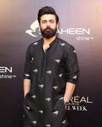 Black embroidered men's kurta with matching pajama, front view, suitable for wedding and party wear, by Pravo Hammens.