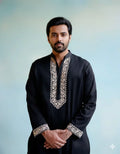Black Neck White Cotton Embroidered Work Men's Kurta with Pajama
