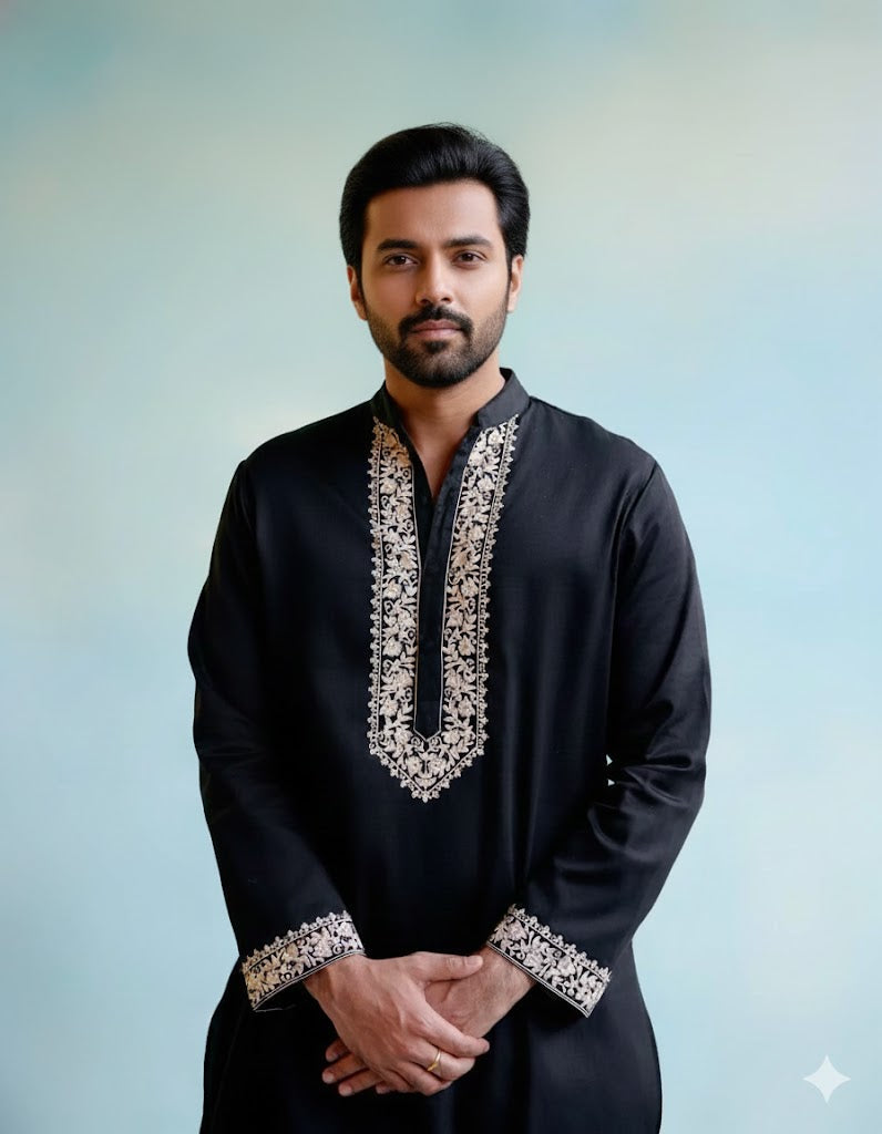 Black Neck White Cotton Embroidered Work Men's Kurta with Pajama
