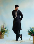 Black Neck White Cotton Men's Kurta
