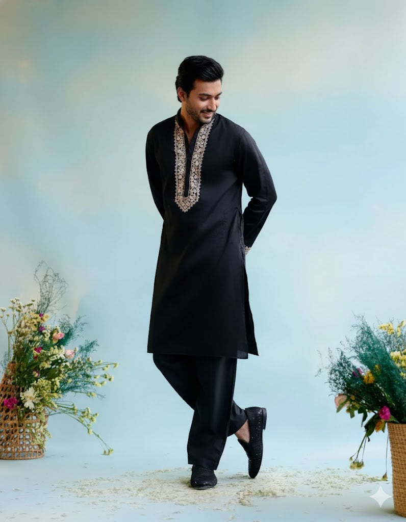 Black Neck White Cotton Men's Kurta
