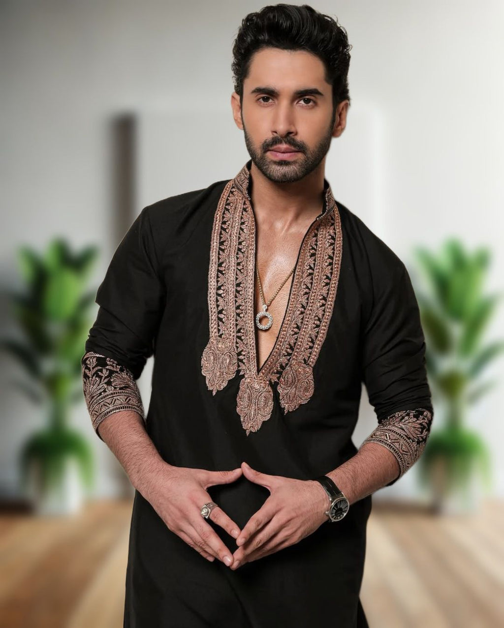 Black V Neck Embroidered Kurta Pajama Set for Men Premium Rayon Ethnic Wear