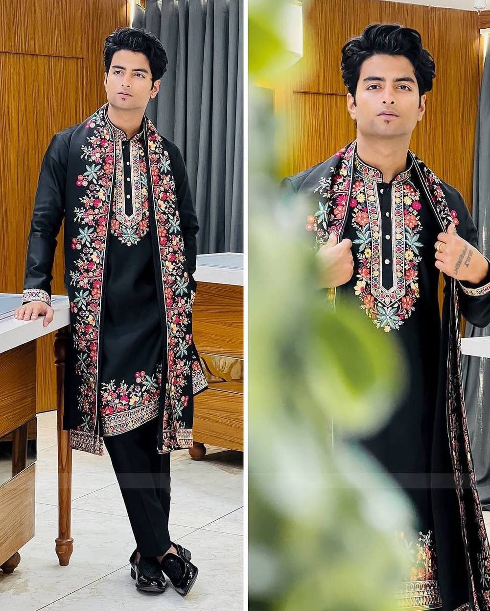 Black embroidered silk kurta with matching dupatta