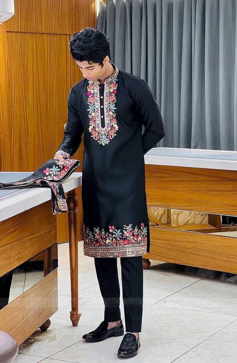 Black silk kurta pajama set side view