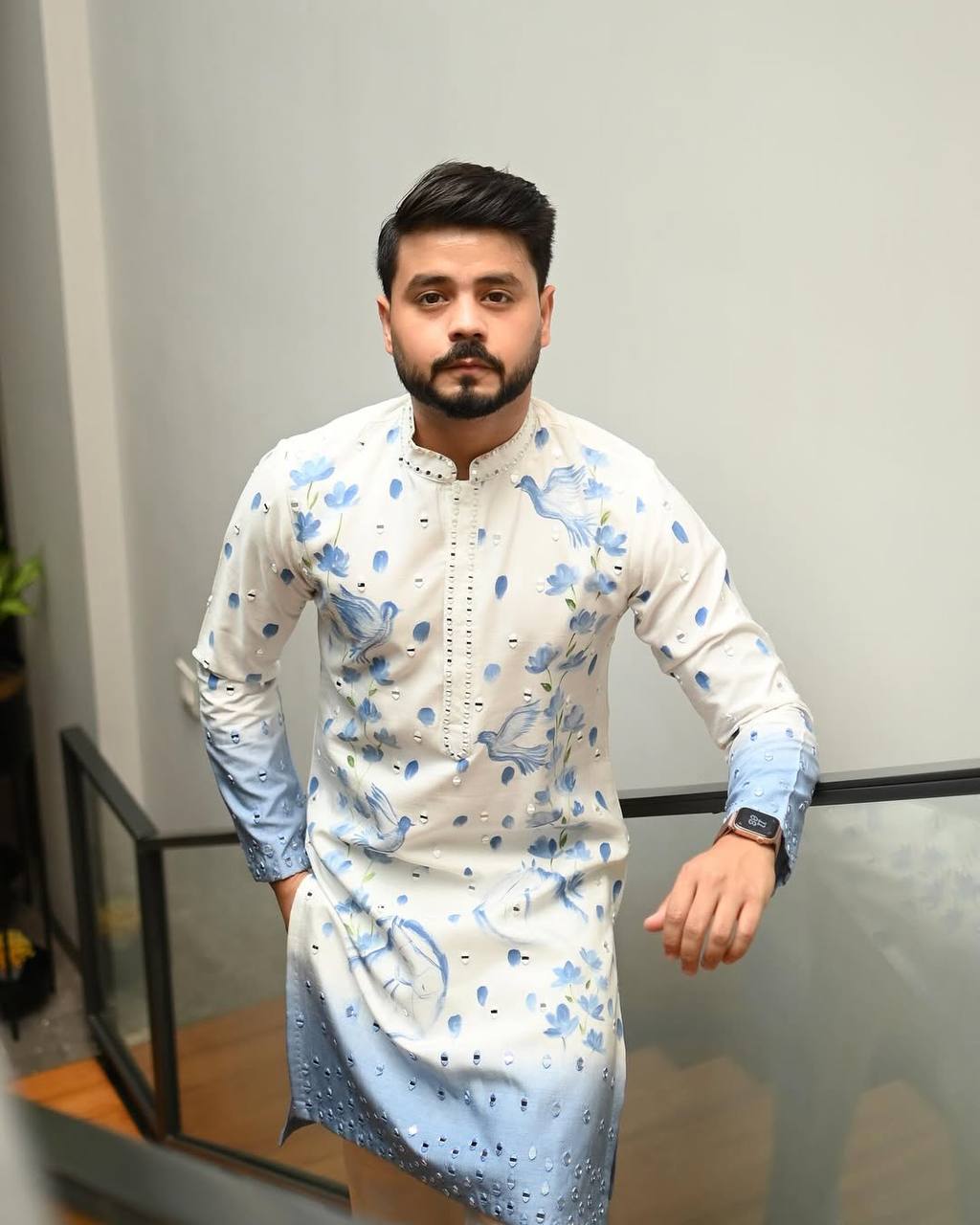 Blue ombre printed mirror work kurta pajama set for men front view