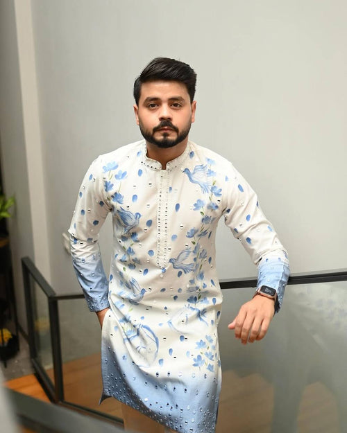 Blue ombre printed mirror work kurta pajama set for men front view