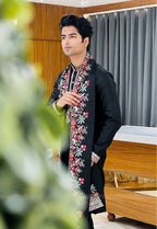 Designer black silk embroidered kurta for men