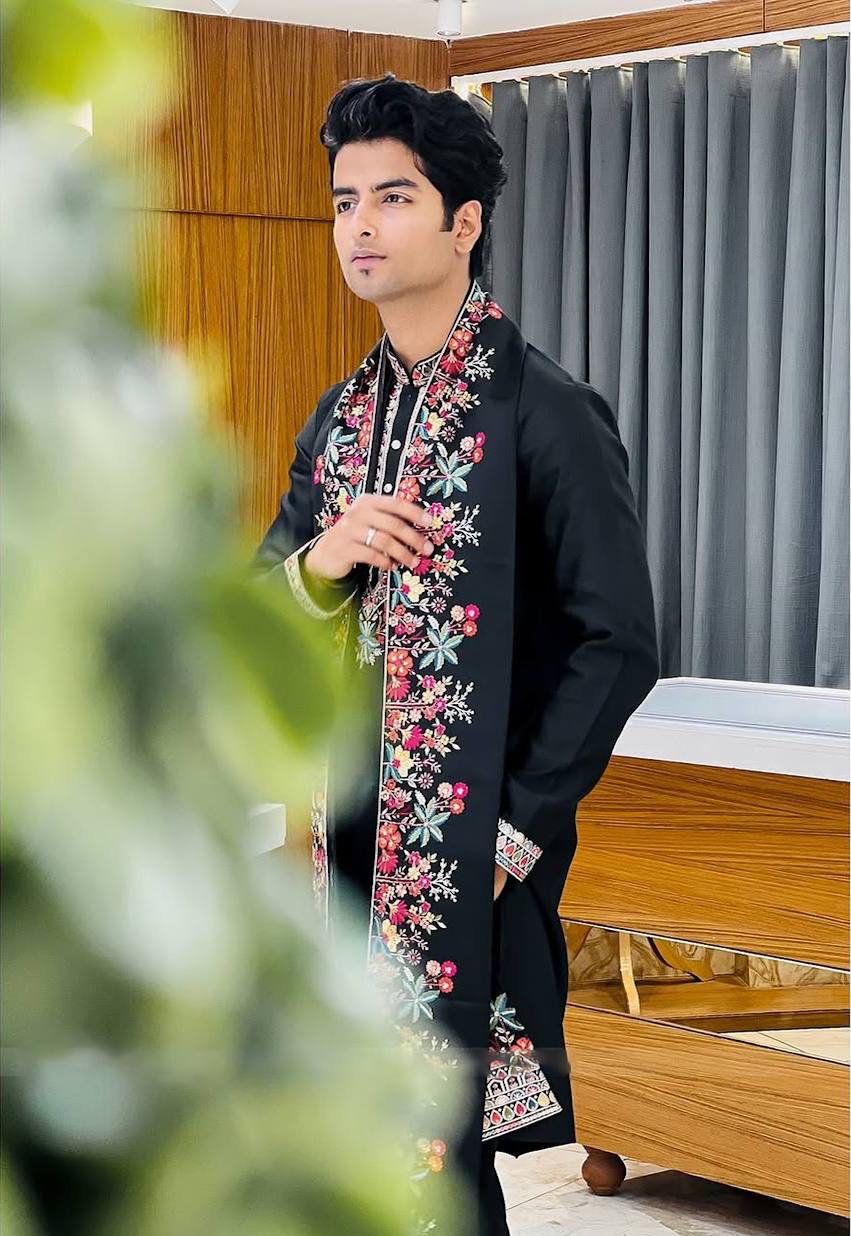 Designer black silk embroidered kurta for men
