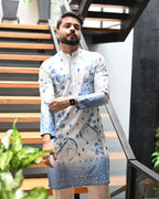 Designer blue ombre kurta with mirror work for men