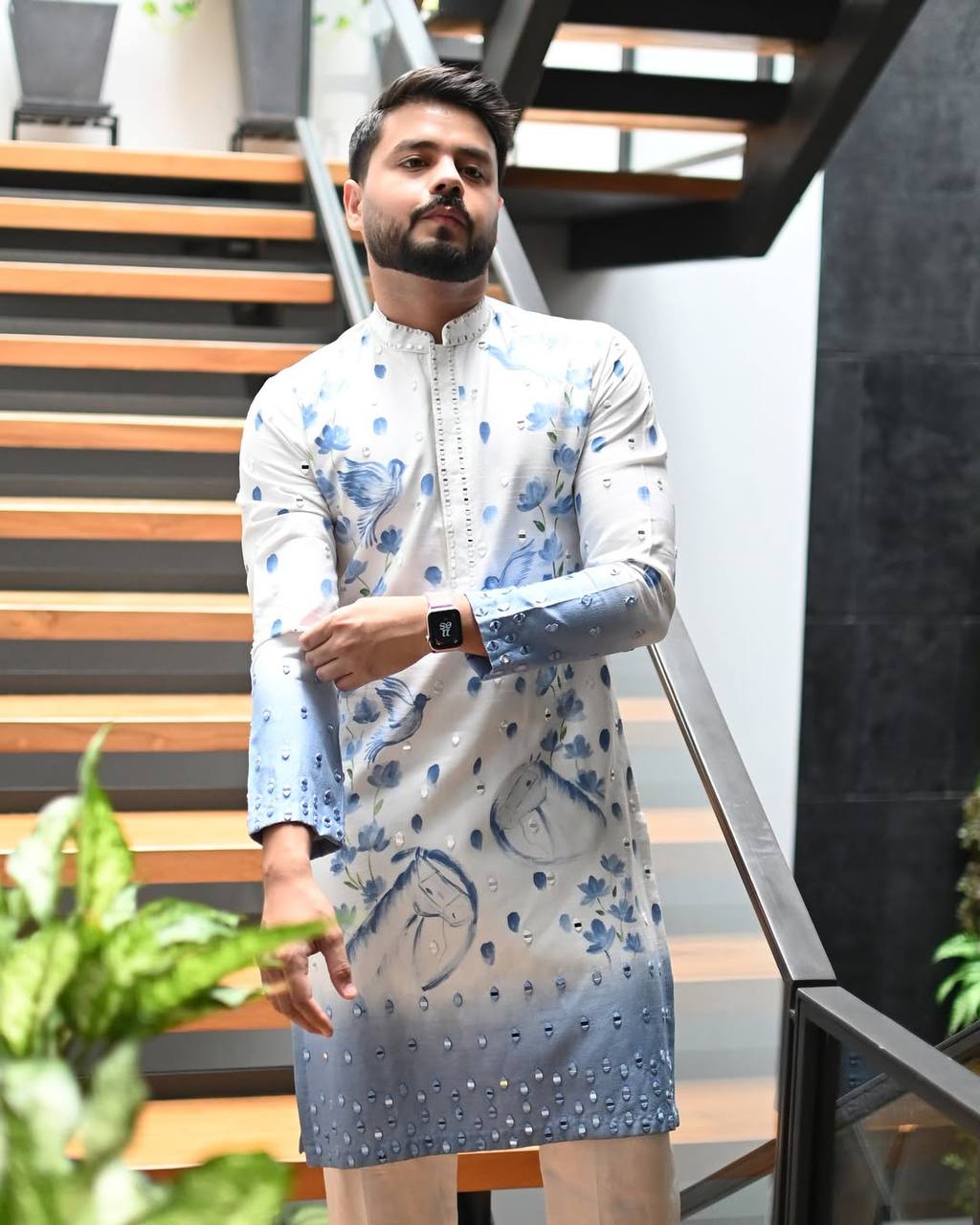 Designer blue ombre kurta with mirror work for men