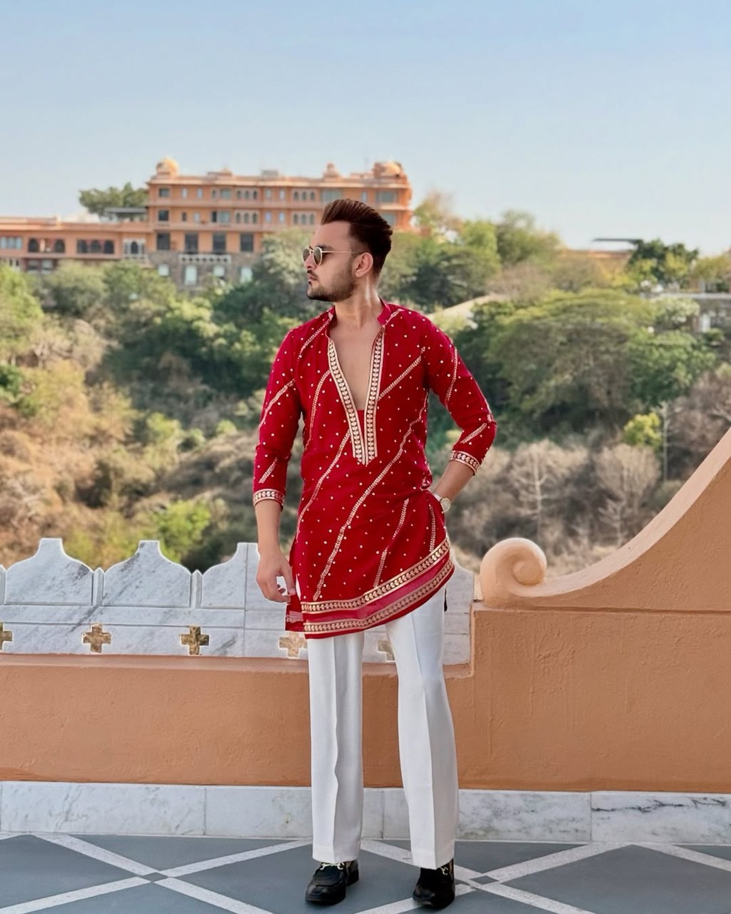 Designer red embroidered kurta for men
