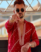Designer red kurta pajama set back view