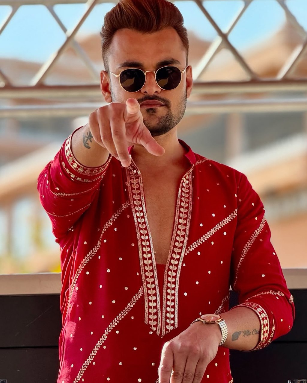 Designer red kurta pajama set back view