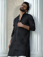 BLACK HEND WORK MOTIF EMBROIDERED KURTA WITH  PAJAMA