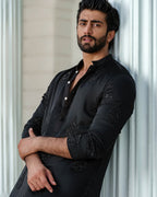 BLACK HEND WORK MOTIF EMBROIDERED KURTA WITH  PAJAMA