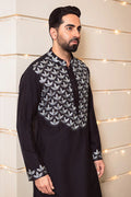 Black Leaf Embroidered Men's Kurta with Pajama