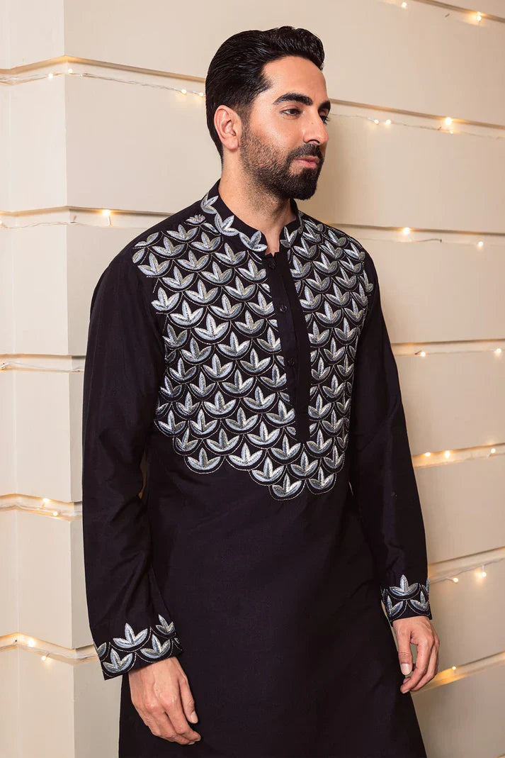 Black Leaf Embroidered Men's Kurta with Pajama