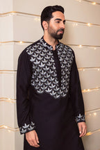 Black Leaf Embroidered Men's Kurta with Pajama