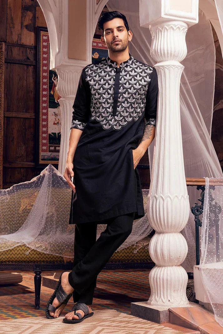 Black Leaf Embroidered Men's Kurta with Pajama