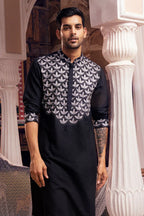 Black Leaf Embroidered Men's Kurta with Pajama