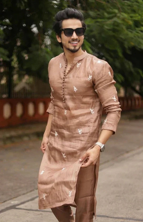Men's FAISU embroidery work kurta set by Pravoham Mens Kurta, featuring intricate embroidery and traditional style.
