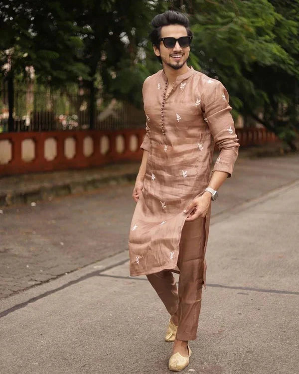 Men's FAISU embroidery work kurta set by pravohammenskurta, featuring traditional design with intricate embroidery and matching pajama.