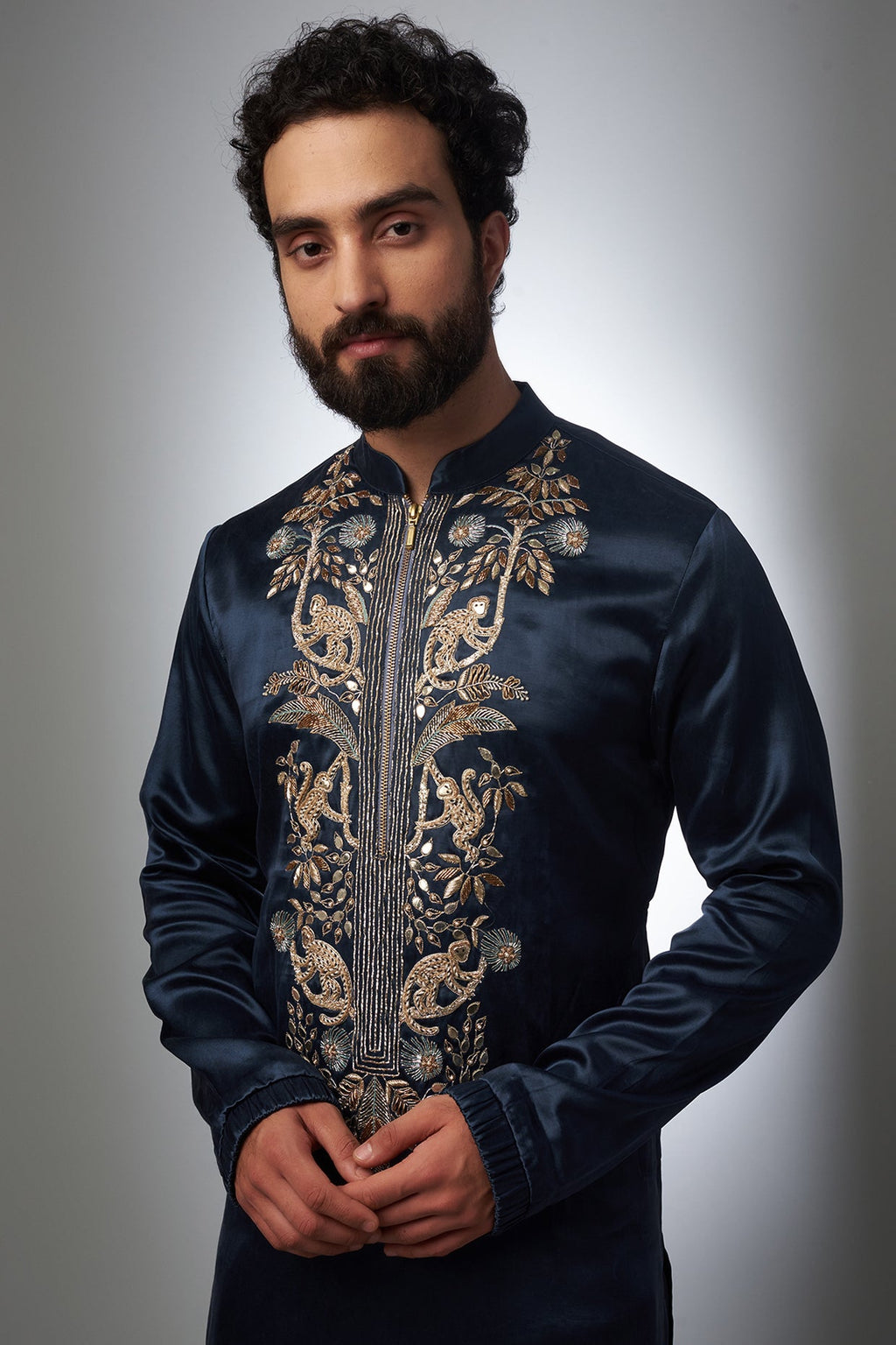 BLUE  NACK SATIN MONKEY  EMBROIDERED KURTA WITH PAJAMA SET