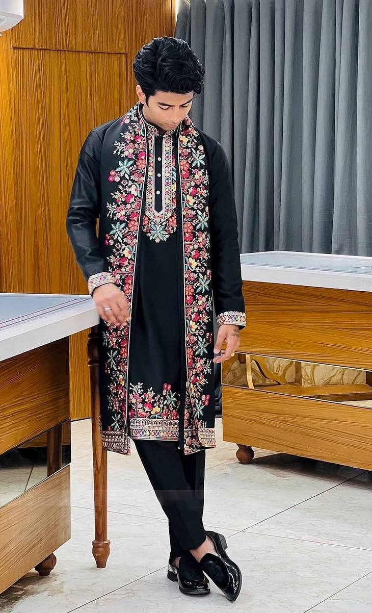Premium black wedding kurta set with dupatta