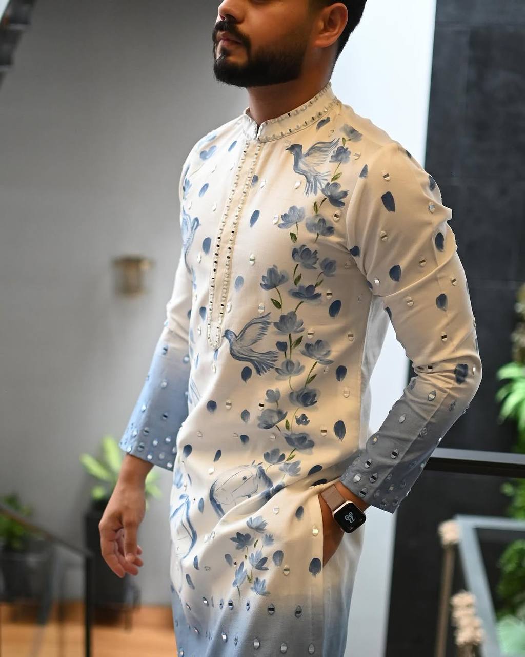 Premium blue printed kurta pajama set for wedding
