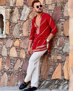 Red V-neck embroidered kurta pajama set for men front view