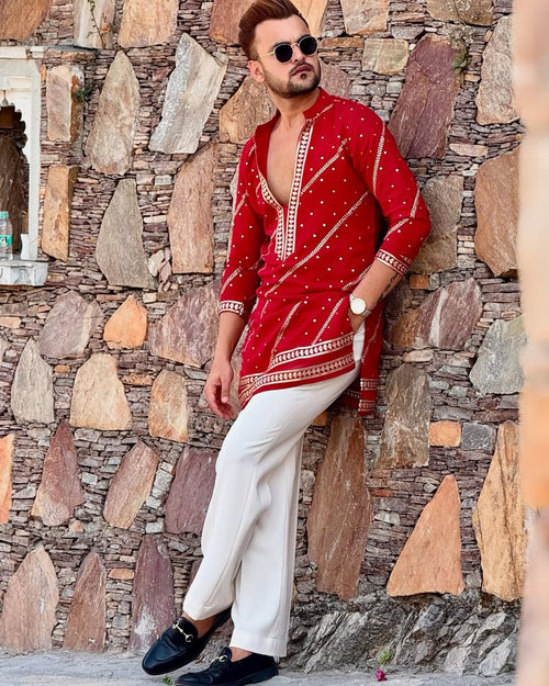 Red V-neck embroidered kurta pajama set for men front view