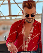 Traditional red embroidered kurta for festive wear