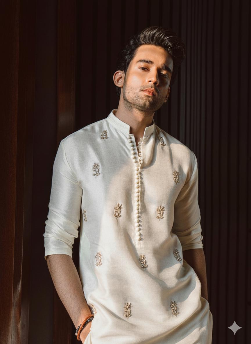 WHITE BUTI EMBROIDERED WORK KURTA PAJAMA SET FOR MEN"S