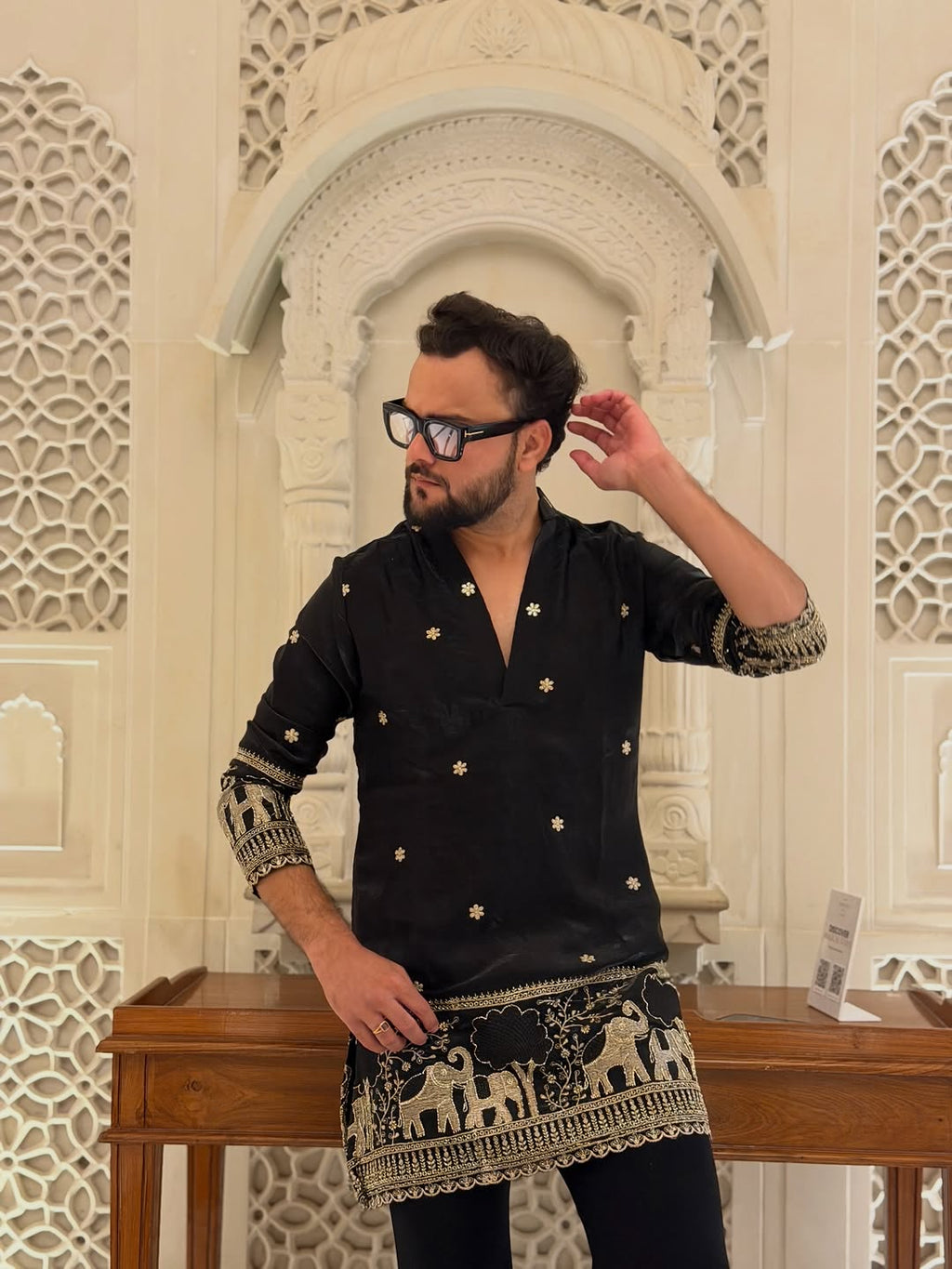 BLACK  ELEPHANT AND BUTTI EMBROIDERY WORK KURTA PAJAMA SET