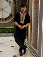 BLACK EMBROIDERED V NECK DESIGNER KURTA PAJAMA SET
