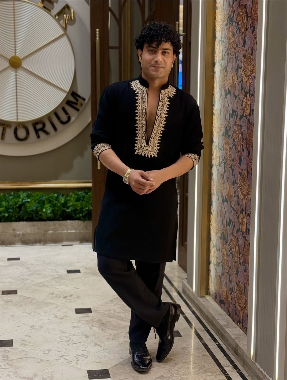 BLACK EMBROIDERED V NECK DESIGNER KURTA PAJAMA SET
