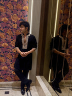 BLACK EMBROIDERED V NECK DESIGNER KURTA PAJAMA SET