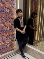BLACK EMBROIDERED V NECK DESIGNER KURTA PAJAMA SET