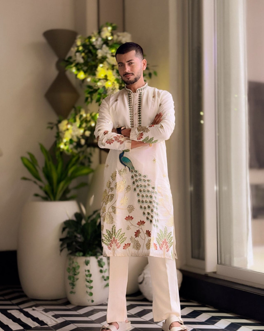 IVORY TREE OF LIFE PEACOCK KURTA PAJAMA SET FOR MEN