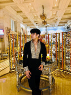 BLACK V NECK EMBROIDERD SHORT KURTA WITH PAJAMA SET