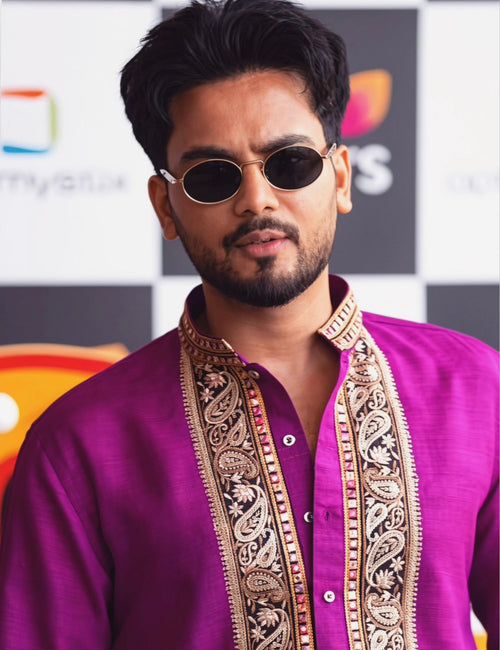 Embroidered wine-colored kurta for men by Pravoham Mens, paired with matching pajama, suitable for festive and wedding occasions.