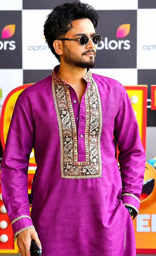 Elegant men's embroidered kurta from pravohammenskurta featuring intricate embroidery, perfect for festive and wedding wear.