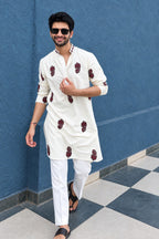 WHITE SILK EMBROIDERED KURTA PAJAMA SET FOR MEN'S