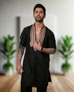 Black Rayon V Neck Embroidered Kurta Pajama Side View for Men